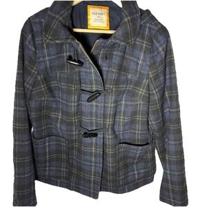 OLD NAVY WOOL BLEND BLUE CHECKERED DUFFEL COAT WITH HOOD ZIP TOGGLES SIZE MEDIUM